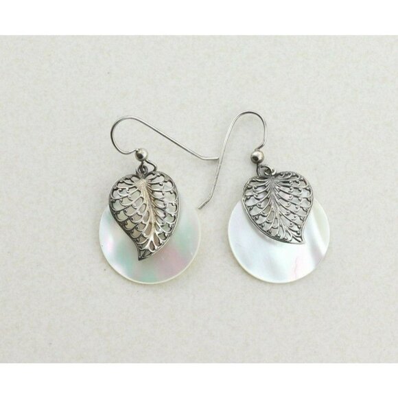 Sterling Silver Mother of Pearl with Sterling Leaf Earrings Dangle Drop Earrings - Picture 4 of 7